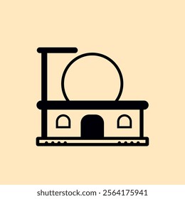 This minimalist illustration features a black icon of a building with a circular dome on top, two arched windows, and a central arched doorway.