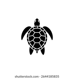 Esta ilustração minimalista apresenta uma tartaruga preta com um design de concha segmentado em um fundo branco nítido. O estilo gráfico é limpo e facilmente reconhecível.