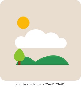 This minimalist illustration features a bright yellow sun in the upper left corner, a white cloud in the center, and a green tree with a brown trunk on the left side.