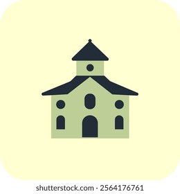 This minimalist illustration features a building that resembles either a church or a schoolhouse. The structure includes a central tower with a pointed roof and a circular window,