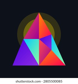 This minimalist illustration features a central triangle constructed from vibrant multi-colored polygonal shapes. A golden celestial halo glows behind the peak creating a mystical atmosphere. Set against a deep black backdrop the composition emphasizes sharp geometric precision and bright neon gradients suitable for modern design projects or digital branding assets.