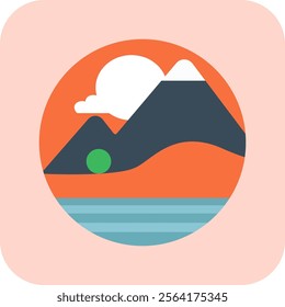 This minimalist illustration features a circular scene with a stylized mountain range, a partially obscured sun by a cloud, a green circle that could represent a tree or bush.