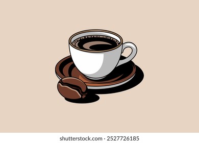 This minimalist illustration features a classic white coffee cup filled with rich, dark coffee, set on a brown saucer. A large coffee bean sits next to the cup, enhancing the coffee theme.