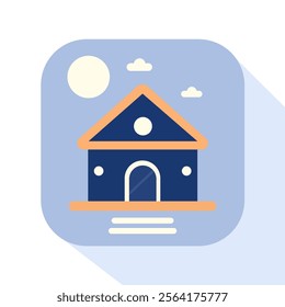 This minimalist illustration features a house with a blue body and an orange triangular roof. The house has a circular window at the top and two smaller circular windows.