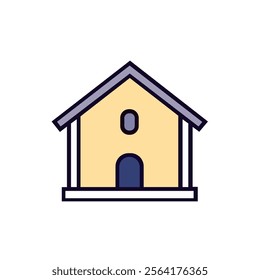 This minimalist illustration features a house with a grey triangular roof, beige walls, and a blue door at the bottom. The house also has a small oval window near the top.