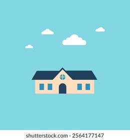 This minimalist illustration features a house with a beige facade and a dark blue roof. The house includes an arched doorway, a circular window above the door with a cross pattern.