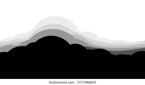 Esta ilustración minimalista presenta un paisaje de montaña en capas en tonos monocromos, creando una sensación de profundidad y distancia. Los Gradientes en escala de grises proporcionan una estética suave y elegante, ideal
