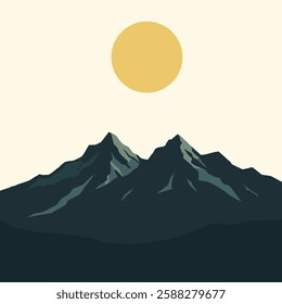 This minimalist illustration features a mountain range with two prominent peaks, depicted in dark shades of blue and green with lighter highlights suggesting the contours and ridges.