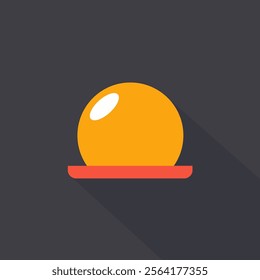 This minimalist illustration features an orange sphere with a white highlight on its upper left side, placed on a red flat base.