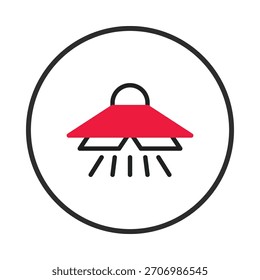 Essa ilustração minimalista apresenta uma lâmpada vermelha emitindo raios de luz estilizados, encapsulados em um quadro circular arrojado. Ele evoca a estética moderna e pode ser usado como um elemento de design para interiores