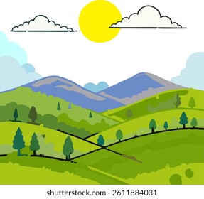 This minimalist illustration features rolling green hills, scattered trees, and a bright yellow sun with fluffy clouds above. The color palette uses varying shades of green