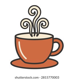 This minimalist illustration features a simple brown coffee cup resting on a matching saucer with wisps of hot steam rising above the brim representing a fresh and aromatic morning beverage for all.