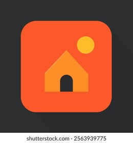 This minimalist illustration features a simplified house icon in dark orange with a black door, set against an orange square with rounded corners.