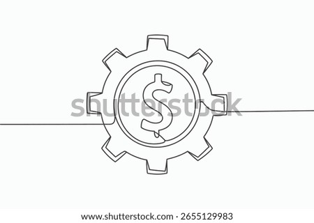 This minimalist illustration features a single continuous line forming a gear with a dollar sign at its center. The artwork is presented cleanly isolated on a white background