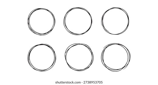 This minimalist illustration features six circles arranged in a two-by-three grid on a white background. Each circle is rendered in a black, hand-drawn style, composed of multiple thin, scribbled lines. The irregular lines create a sketchy, doodle-like texture rather than perfect geometric shapes.