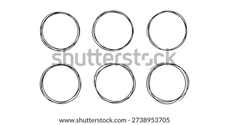 This minimalist illustration features six circles arranged in a two-by-three grid on a white background. Each circle is rendered in a black, hand-drawn style, composed of multiple thin, scribbled lines. The irregular lines create a sketchy, doodle-like texture rather than perfect geometric shapes.
