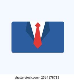 This minimalist illustration features a stylized icon of a business suit, consisting of a blue jacket, a white shirt, and a red tie.