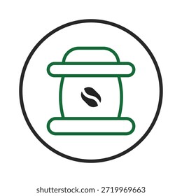 Esta ilustração minimalista apresenta um saco estilizado de feijão de café com contornos verdes, rodeado por uma borda ousada. O design é adequado para logotipos, marcas ou produtos relacionados a café