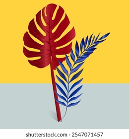 Esta ilustración minimalista presenta dos hojas tropicales sobre un vibrante fondo amarillo y azul pálido. Una hoja es una Grande monstruosa roja, atrevida y llamativa, mientras que la otra es un esbelto azul 