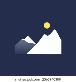 This minimalist illustration features two mountains with a bright yellow sun in the sky. The larger mountain is depicted in white,