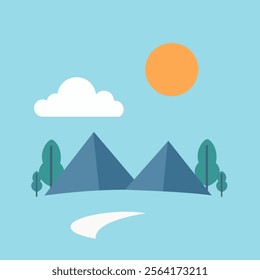 This minimalist illustration features two blue pyramids at the center, flanked by green trees on either side. A bright orange sun is positioned in the upper right corner.