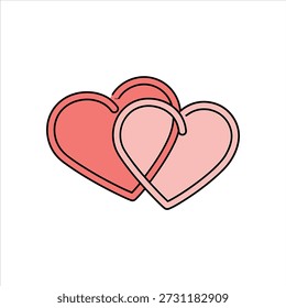 Esta ilustração minimalista apresenta dois corações interligados, simbolizando conexão ou amor eterno. O coração à esquerda é um tom mais profundo de rosa avermelhado, enquanto o coração à direita é um rosa suave e claro. Ambos os corações são contornados em uma sombra mais escura, criando um design limpo e moderno contra um fundo branco plano.
