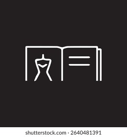 This minimalist illustration represents an open book with a fashion design concept within its pages showcasing a stylized dress form