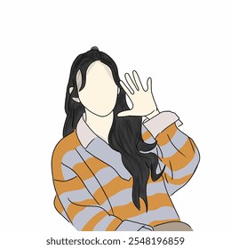 This minimalist illustration showcases a faceless woman with long black hair, raising a hand in a playful gesture. She wears a cozy orange and blue striped sweater, exuding a sense of casual style.