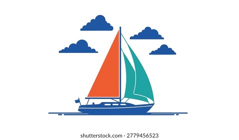 This minimalist illustration showcases a striking sailboat with a red sail and teal jib, sailing on a blue sea. Fluffy clouds populate the sky above.