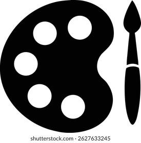 This minimalist image displays an artist's palette featuring circular depressions for holding paints, paired with a brush, both in striking black against white. Symbolizes artistry and creativity.