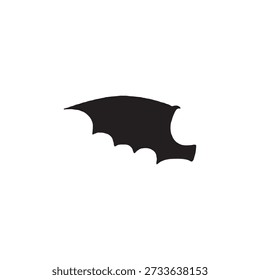 This minimalist image features a black silhouette of a stylized bat wing centered against a plain white background. The design includes a pointed tip on the left side, with three prominent, scalloped segments forming the bottom edge of the wing's membrane.