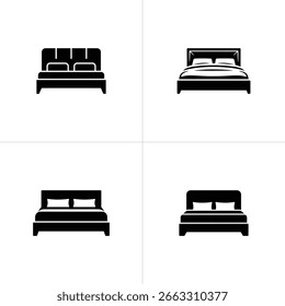 Esta Imagen minimalista cuenta con cuatro siluetas negras de camas, cada una con un diseño diferente. Aislado en un fondo blanco, mostrando el icono de los muebles modernos.