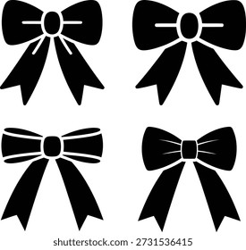 This minimalist image features four black silhouette bows with distinct loop and tail styles—ideal for fashion design, gift wrapping, decorative graphics, and vector-based creative compositions.