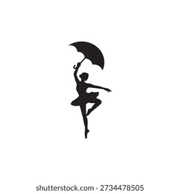 This minimalist image features a striking black silhouette of a ballerina. The figure is captured mid-dance move, balancing gracefully on one leg. With one hand, she holds an open umbrella aloft, creating an elegant and whimsical composition against the plain white background. The silhouette effectively combines dance and everyday objects into a single artistic expression.