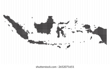 Esta imagem minimalista apresenta uma silhueta pontilhada em tons de cinza da Indonésia, exibindo sua complexa forma de arquipélago contra um pano de fundo limpo, sugerindo um layout geográfico ou conceitual
