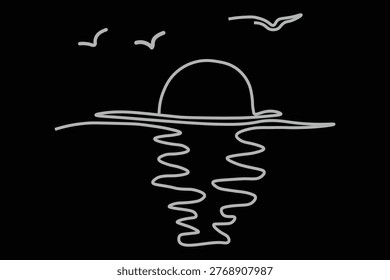 This minimalist line art features a stylized depiction of a sunset or sunrise over water. A light gray line forms the sun partially set on the horizon, with its wavy reflection extending downwards. Three simple V-shapes represent birds flying in the black sky above the scene.