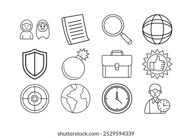 This minimalist line art icon set includes essential business, global, time, and security symbols such as a house, briefcase, clock, and shield. Perfect for websites, apps, infographics