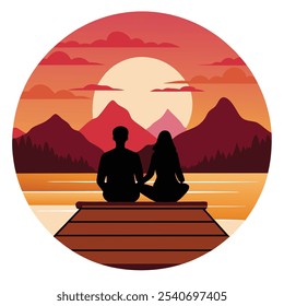 This minimalist line art illustration features a couple sitting together on a wooden dock, facing a serene landscape. Perfect for use in romantic themes, relationship-related content,