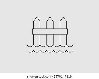 This is a minimalist line art illustration of a fence partially submerged in water