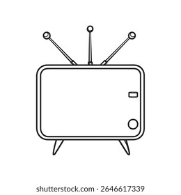 This minimalist line artwork depicts a vintage television set, complete with antenna, presented in a clean black outline against a stark white background.