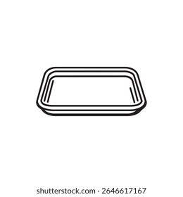 This minimalist line drawing captures a rectangular serving tray in black on a white background; icon symbolizes simplicity and functionality with clean, elegant lines.