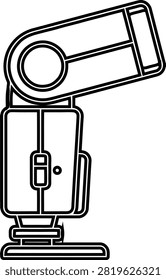 This minimalist line drawing depicts a portable camera flash unit designed for photography. The graphic features clean outlines showing the adjustable head, main body, and mounting foot, making it a perfect icon for technical equipment or creative photography design projects.