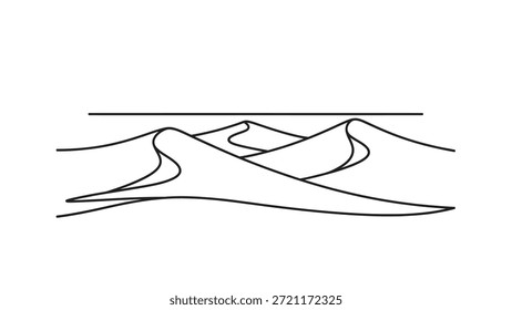 Este dibujo de líneas minimalista presenta un paisaje escénico con montañas y horizonte creado con líneas negras simples sobre un fondo blanco, enfatizando la belleza abstracta y el terreno natural en un entorno limpio