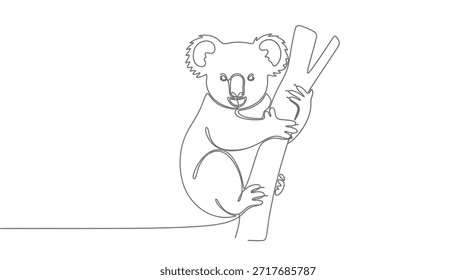 Este é um desenho de linha minimalista de um urso coala agarrado a um ramo de eucalipto. O design é simples e moderno, tornando-o perfeito para uma variedade de projetos. Esta arte de linha única evoca um sentido