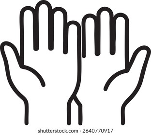 This is a minimalist line drawing of two hands, palms up, fingers extended, in a black and white color scheme.