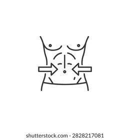 This minimalist line icon illustrates the abdominal area with inward arrows, symbolizing slimming, fat reduction, and body contouring. Perfect for projects related to fitness, wellness, cosmetic procedures, and health awareness, the design conveys transformation and confidence through clean, modern simplicity. Its versatile style makes it ideal for use in wellness apps, fitness branding, cosmetic clinic materials, and educational resources, while enhancing visibility in stock image searches.