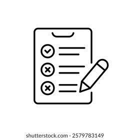 This is a minimalist line icon illustrating a survey form that features multiple checkboxes and a pencil, effectively representing the process of gathering feedback and conducting assessments