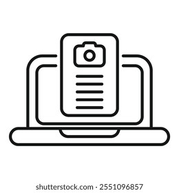 This minimalist line icon represents a laptop displaying a photography website, featuring a prominent camera icon and text lines, symbolizing online photography resources and services