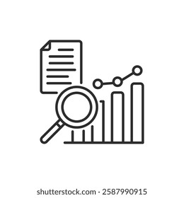 This minimalist line icon represents data analysis, featuring a magnifying glass, bar graph, and document, effectively illustrating key analytical processes used in various fields and industries