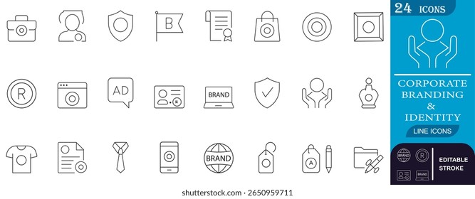 Este conjunto de iconos de líneas minimalistas ilustra los Elementos esenciales de la marca corporativa y la identidad, con logotipos, Marcas comerciales, herramientas de marketing y símbolos de representación empresarial.